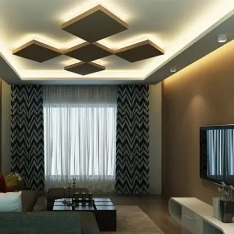 Render of a living room under a POP false ceiling of four floating diamond panels ringed with cove light