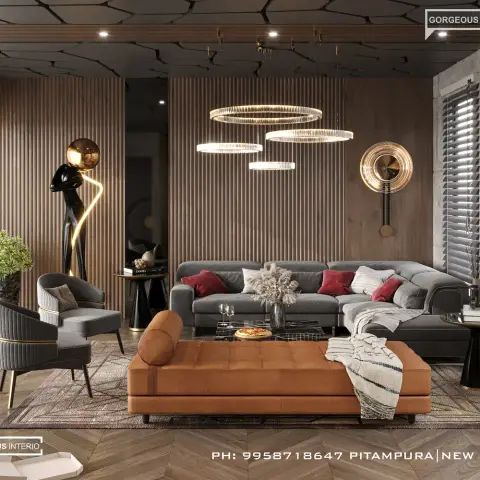 Render of a living room under a faceted dark ceiling with three staggered fluted-glass ring chandeliers