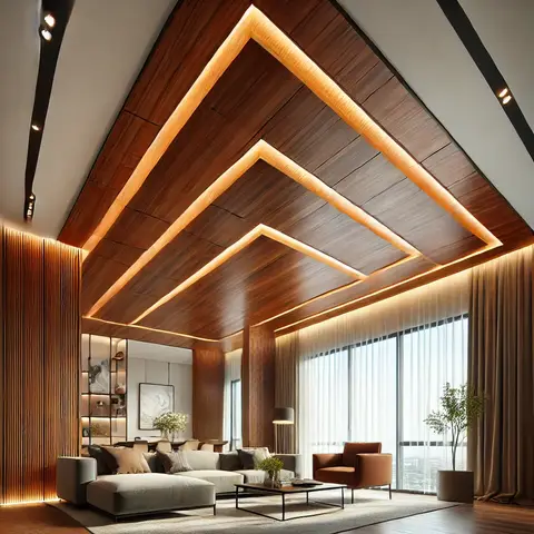 Render of a living room under a chevron-shaped walnut ceiling raft traced by three nested LED profile lines, with fluted timber wall panelling