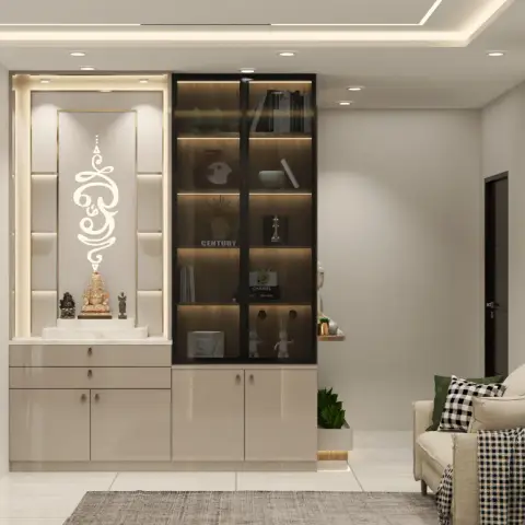 Render of a living room wall built as a backlit pooja niche - white laser-cut motif above a marble platform with the idols on it - joined to a black-framed