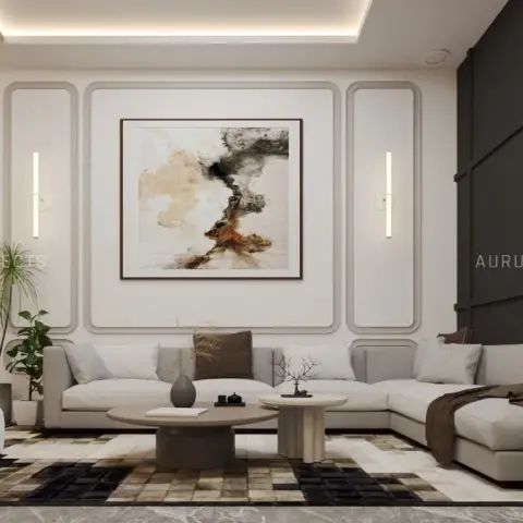 Render of a living room where a pale L-sofa sits against a wall of radius-cornered mouldings flanked by vertical linear sconces