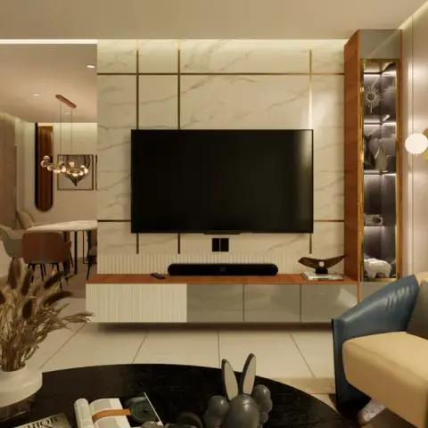 Render of a living room where the TV hangs on a white marble wall gridded with slim brass inlays, beside a backlit curio column