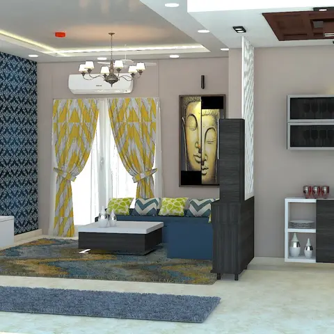 Render of a living room where a white CNC jaali border frames the leather-panelled TV wall, set against blue damask wallpaper, yellow chevron drapes