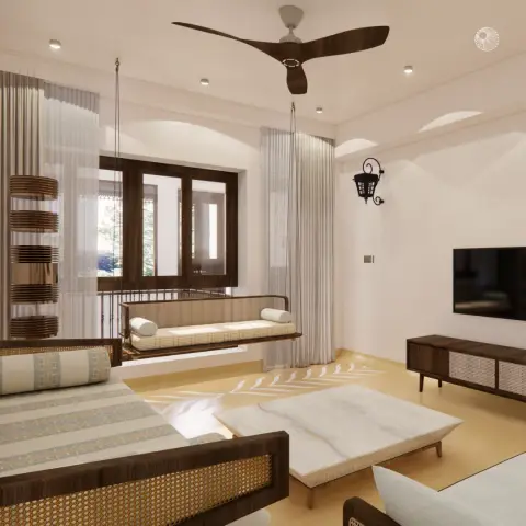Render of a living room where a cane-backed jhoola hangs on chains in front of the balcony window, facing a marble-slab coffee table