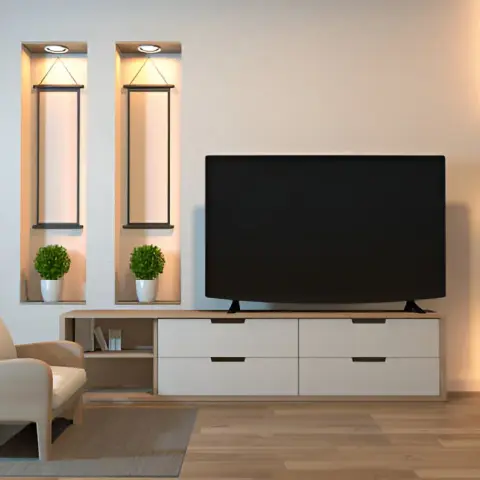 Render of a living room where three lit wall niches hold hanging paper scrolls above matching potted topiaries