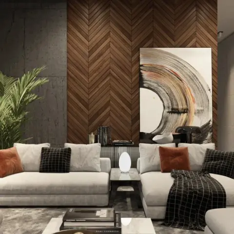 Render of a living room where a chevron walnut feature wall meets board-marked concrete panels
