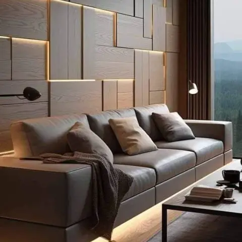 Render of a living room where a grey leather sofa floats on a lit plinth against staggered oak block panelling threaded with LED reveals