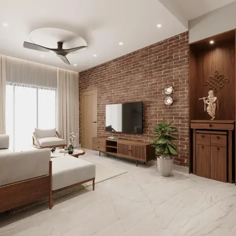 Render of a living room where an exposed red-brick TV wall runs into a full-height walnut pooja niche with a lit brass Krishna idol