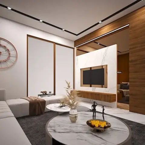 Render of a living room where a wood-framed TV niche is cut into a white marble slab on a walnut partition lit by a linear strip
