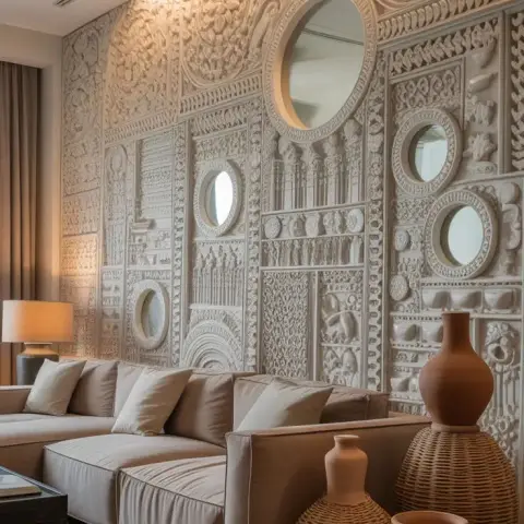 Render of a living room where a full-height ivory carved-relief wall inset with five round mirrors sits behind a low beige sectional