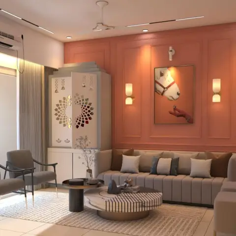 Render of a living room where a terracotta moulded feature wall carries a framed horse portrait between two opal wall sconces