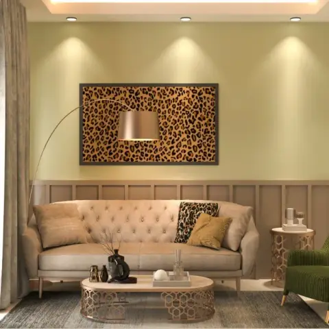 Render of a living room where a leopard-print framed panel hangs over a buttoned beige sofa