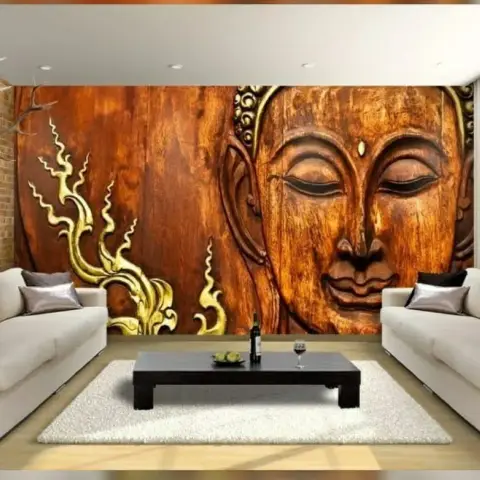 Render of a living room where a wall-sized carved-Buddha mural wallpaper meets an exposed brick return