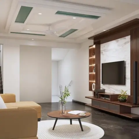 Render of a living room where a mustard fabric sofa on a round white rug faces a teak TV console set against a white marble panel between fluted wood columns