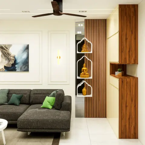 Render of a living room where a grey L-sofa with green cushions sits against ivory moulding panels