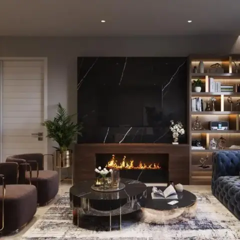 Render of a living room where a black marble-clad media wall sits over a long linear fireplace