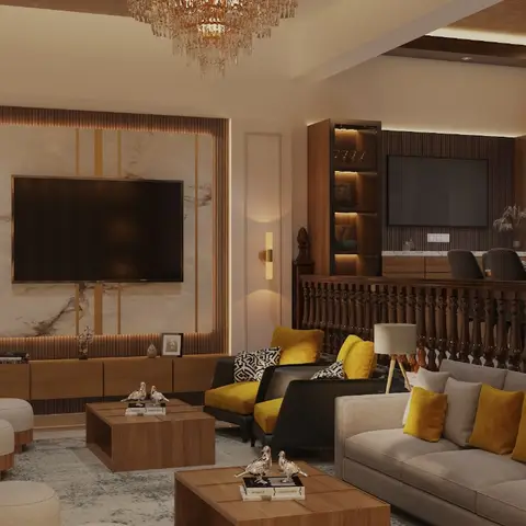 Render of a living room where a book-matched marble panel with brass inlay strips frames the TV against a fluted teak wall