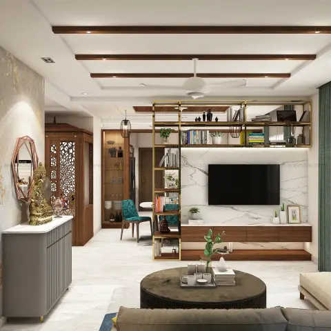 Render of a living room where a brass-framed open shelving screen divides the sofa zone from the passage