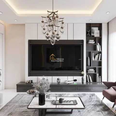 Render of a living room where a dark-veneer TV panel with white overhead shutters meets an asymmetric open display column