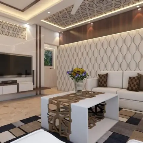 Render of a living room where white leather three-seaters sit against a full wall of white ogee-relief 3D panels