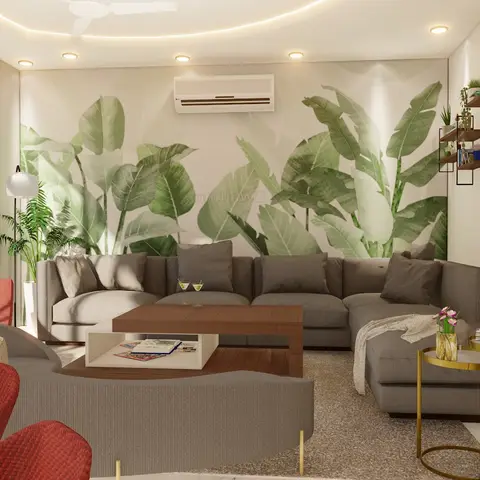 Render of a living room whose long wall is a watercolour banana-leaf mural behind a grey L-sectional, with two red tufted armchairs