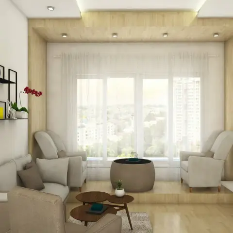 Render of a living room whose window bay is lined and raised in pale oak, with two cream armchairs around a fabric drum table against sheer curtains and a