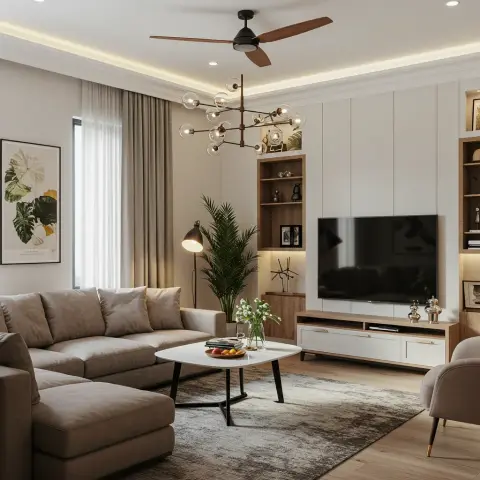 Render of a living room whose white grooved panel TV wall is broken by lit walnut display niches on both sides, with a taupe L-sofa and ottoman