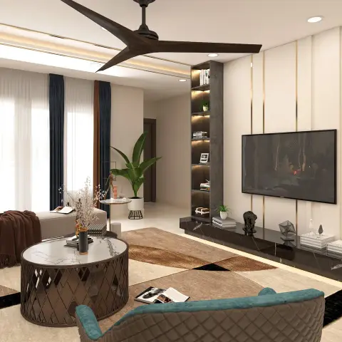 Render of a living room whose TV wall is ivory fluted panelling threaded with brass reveals, beside a lit book-shelf column set against grey stone