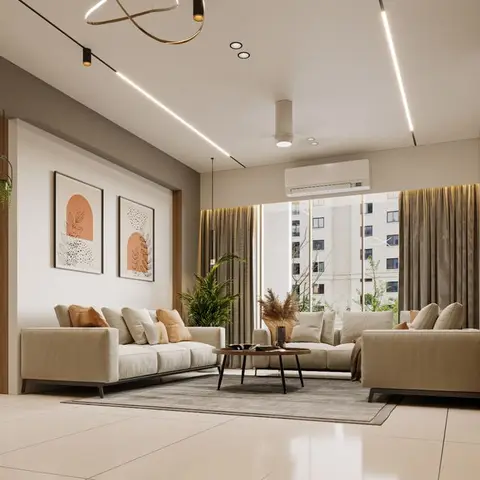 Render of a living room with two beige sofas around a round wood coffee table, terracotta abstract wall art, dried pampas grass decor