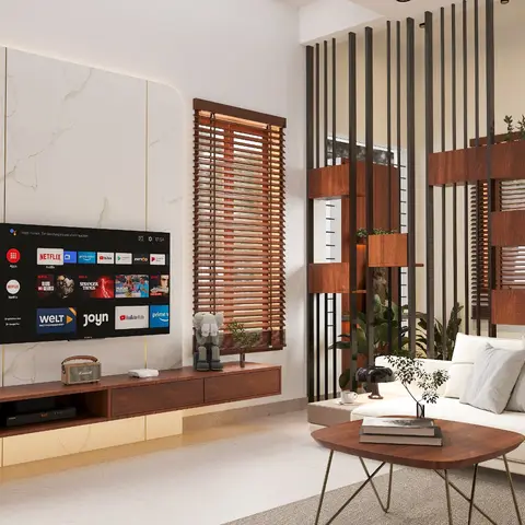 Render of a living room with a backlit marble TV wall and walnut floating console