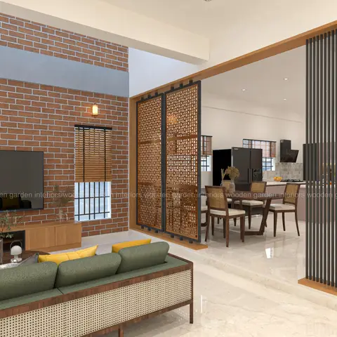 Render of a living room with an exposed red-brick TV feature wall opening through a wood-and-metal jaali screen into a dining and kitchen area beyond