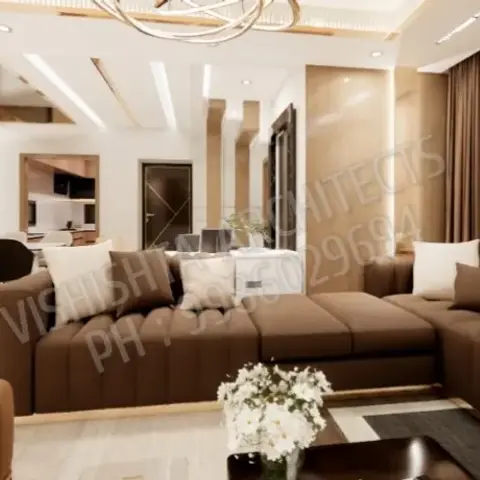 Render of a living room with a large chocolate-brown channel-tufted L-sofa and matching ribbed ottoman