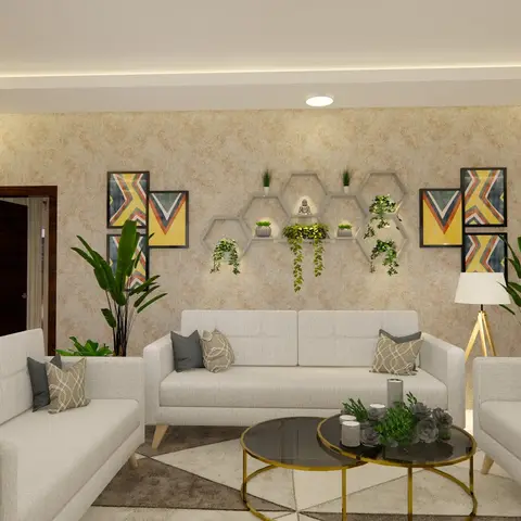 Render of a living room with a mottled beige texture-paint feature wall carrying white hexagon shelves of trailing plants