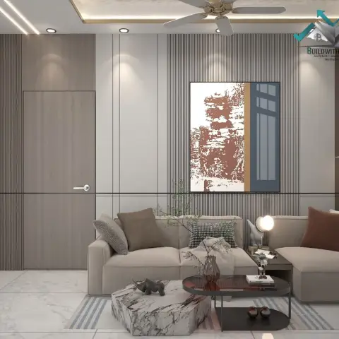 Render of a living room with a beige L-shaped sofa set against a floor-to-ceiling fluted panel wall, a tall rust-and-navy abstract canvas centred above it