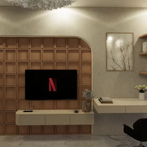 Render of a living room with a curved grid-panelled TV wall, a floating console, and an adjoining built-in study nook with a black swan-style accent chair.
