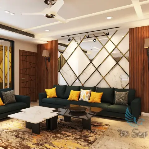 Render of a living room with two bottle-green sofas and mustard cushions around split marble-and-black coffee tables