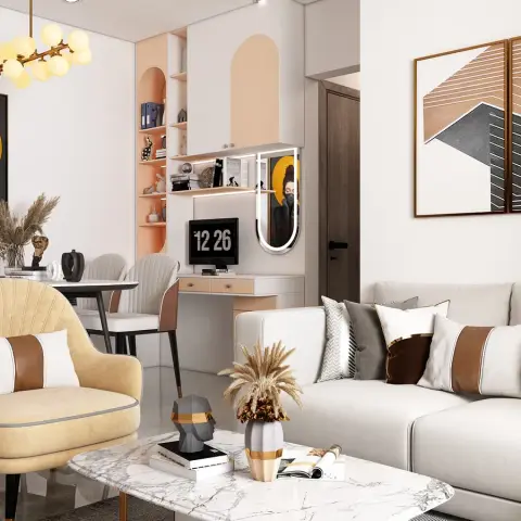 Render of a living room with an ivory sofa piled with tan leather-banded cushions, a mustard velvet tub chair, a white marble oval coffee table