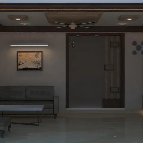 Render of a living room with a dark wood cove-lit ceiling, a grey sofa and wingback chair, and a TV console beside an open staircase.
