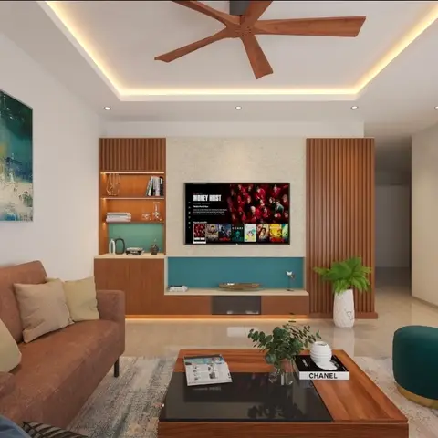 Render of a living room with a fluted wood-panelled TV feature wall in teal, a textured plaster backdrop, a brown fabric sofa with olive cushions