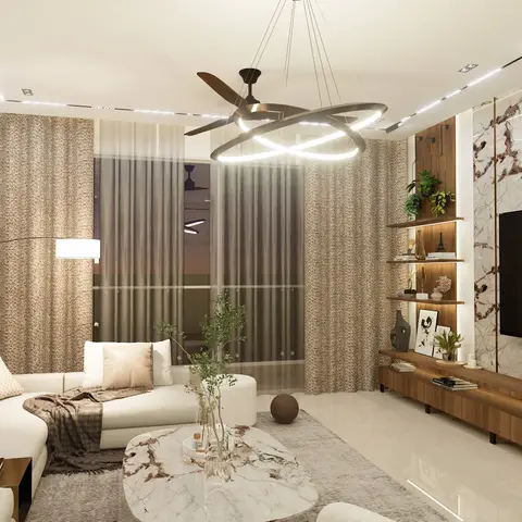 Render of a living room with a full-height marble slab TV wall, a floating wood TV console with backlit open shelving, a white L-shaped sofa