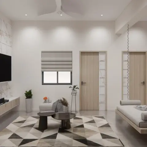 Render of a living room with a white marble-look tiled TV wall, a chain-hung wooden swing daybed against the far wall and a black-and-grey triangle-pattern rug.