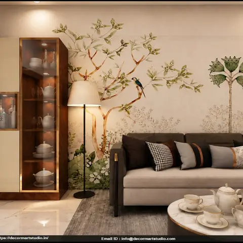 Render of a living room with a botanical bird mural wallpaper, a brass-framed crockery display cabinet, and a taupe sofa styled with mixed-pattern cushions.