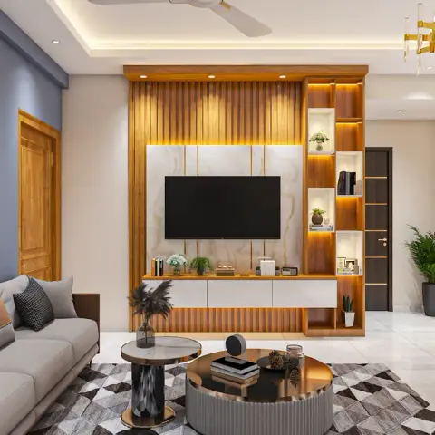Render of a living room with a teak fluted TV panel over a marble-look backer, brass sputnik chandelier