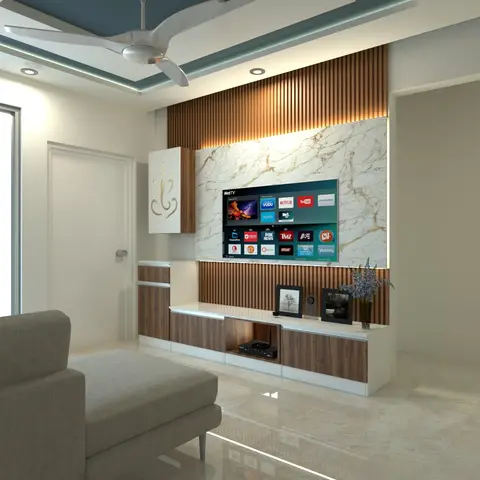Render of a living room with a marble-and-fluted-wood TV feature wall, a teal cove ceiling accent