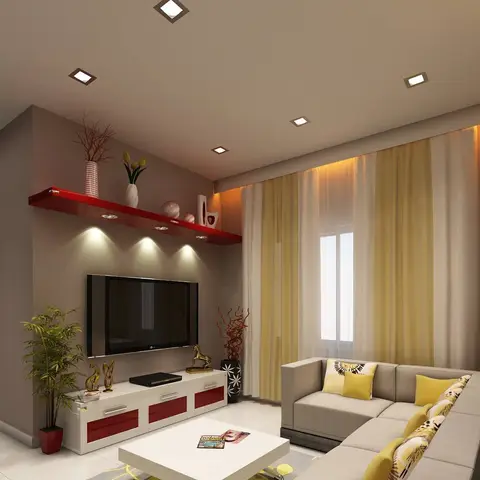 Render of a living room with a red and white glossy TV console, a matching red floating shelf with vases
