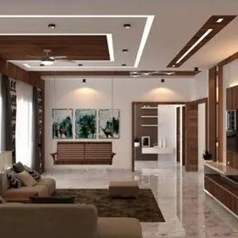Render of a living room with a wood-panelled ceiling, a hanging swing chair, an art triptych, and a wood-clad TV wall opening into a marble-floored hallway.