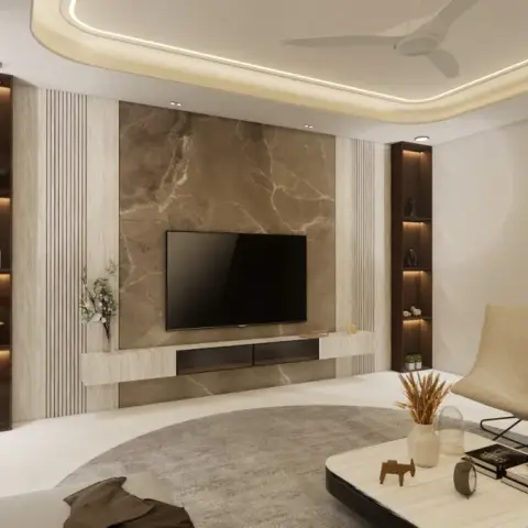 Render of a living room with a brown-marble TV backdrop flanked by ivory fluted panels and two LED-lit walnut display columns