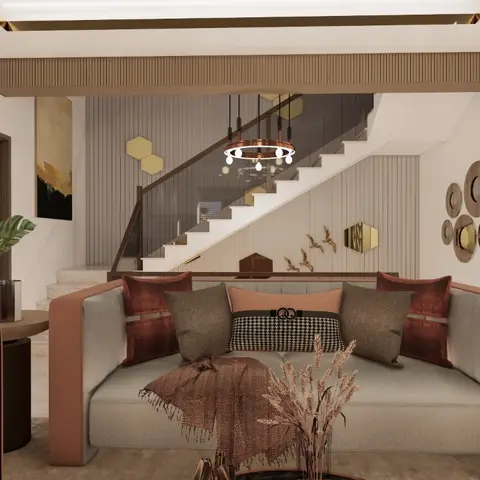 Render of a living room with a grey sofa trimmed in terracotta leather and mixed cushions, a cluster pendant chandelier