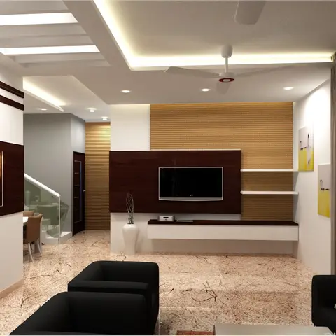 Render of a living room with a dark-wood TV feature wall bordered by a mustard-yellow textured accent panel, a Ganesh relief wall art panel
