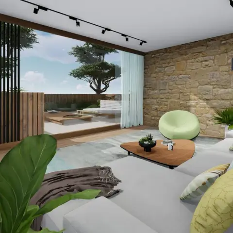Render of a living room with a sand-stone clad side wall and black track spots, a pale grey sectional in green-and-blue printed cushions facing a triangular
